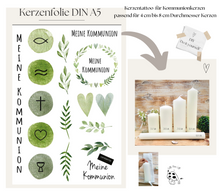 Lade das Bild in den Galerie-Viewer, Kerzenfolie Kerzentattoo Herzenskranz "2000 Kommunion" Kranz grün watercolor * Kommunionkerze * - Kerzensticker DIY