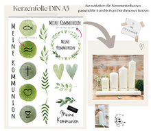Lade das Bild in den Galerie-Viewer, Kerzenfolie Kerzentattoo Herzenskranz "2000 Kommunion" Kranz grün watercolor * Kommunionkerze * - Kerzensticker DIY