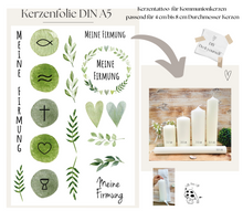 Lade das Bild in den Galerie-Viewer, Kerzenfolie Kerzentattoo Herzenskranz "2004 Firmung" Kranz grün watercolor * Firmungskerze * - Kerzensticker DIY