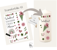 Lade das Bild in den Galerie-Viewer, Kerzenfolie Kerzentattoo "4001 Schulkind rosa" - Einschulung Schultüte 1.Klasse | Geschenk | Tischdeko | Stabkerzen & Stumpenkerzen diy- Kerzensticker DIY
