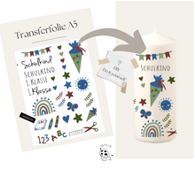 Lade das Bild in den Galerie-Viewer, Kerzenfolie Kerzentattoo "4002 Schulkind blau/grün" - Einschulung Schultüte 1.Klasse | Geschenk | Tischdeko | Stabkerzen & Stumpenkerzen diy- Kerzensticker DIY