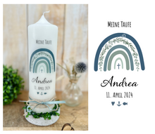 Lade das Bild in den Galerie-Viewer, Taufkerze / Konfirmationskerze "Andrea" Regenbogen Eukalyptus blau - personalisiert