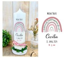Lade das Bild in den Galerie-Viewer, Taufkerze / Konfirmationskerze "Cecilia" Regenbogen Eukalyptus rosa - personalisiert