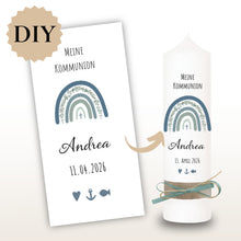 Lade das Bild in den Galerie-Viewer, Kerzenfolie Kommunionkerze "Andrea" Eukalyptus Regenbogen - personalisiert