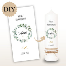 Lade das Bild in den Galerie-Viewer, Kerzenfolie Kommunionkerze "Anni" Eukalyptuskranz - personalisiert