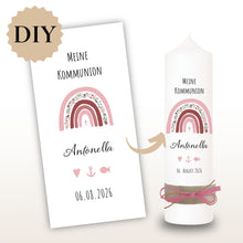 Lade das Bild in den Galerie-Viewer, Kerzenfolie Kommunionkerze "Antonella" Blumen Regenbogen - personalisiert