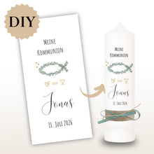 Lade das Bild in den Galerie-Viewer, Kerzenfolie Kommunionkerze "Jonas" Eukalyptusfisch - personalisiert