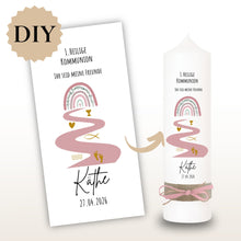 Lade das Bild in den Galerie-Viewer, Kerzenfolie Kommunionkerze "Käthe " Eukalyptus Regenbogen - personalisiert