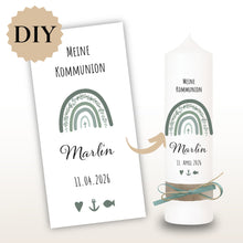 Lade das Bild in den Galerie-Viewer, Kerzenfolie Kommunionkerze "Marlin" Eukalyptus Regenbogen - personalisiert