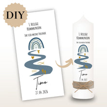 Lade das Bild in den Galerie-Viewer, Kerzenfolie Kommunionkerze "Timo " Eukalyptus Regenbogen - personalisiert