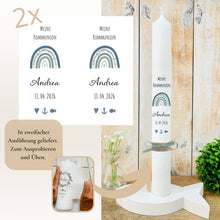 Lade das Bild in den Galerie-Viewer, Kerzenfolie Kommunionkerze "Andrea" Eukalyptus Regenbogen - personalisiert