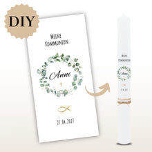 Lade das Bild in den Galerie-Viewer, Kerzenfolie Kommunionkerze "Anni" Eukalyptuskranz - personalisiert