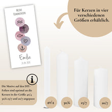 Lade das Bild in den Galerie-Viewer, Kerzenfolie Kommunionkerze "Emilia" christliche Symbole - personalisiert