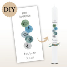 Lade das Bild in den Galerie-Viewer, Kerzenfolie Kommunionkerze "Konstantin" christliche Symbole - personalisiert