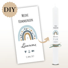 Lade das Bild in den Galerie-Viewer, Kerzenfolie Kommunionkerze "Laurenz" Sterne Regenbogen - personalisiert