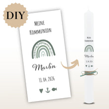 Lade das Bild in den Galerie-Viewer, Kerzenfolie Kommunionkerze "Marlin" Eukalyptus Regenbogen - personalisiert