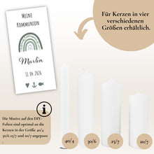 Lade das Bild in den Galerie-Viewer, Kerzenfolie Kommunionkerze "Marlin" Eukalyptus Regenbogen - personalisiert