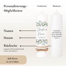 Charger l'image dans la galerie, Hochzeitskerze "Charlie" Blätterrahmen grün - personalisiert