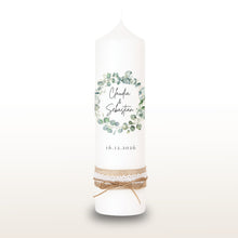 Load image into Gallery viewer, Hochzeitskerze "Claudia" Eukalyptuskranz - personalisiert