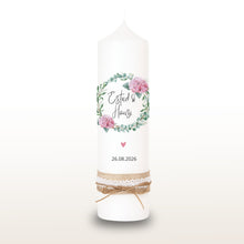 Load image into Gallery viewer, Hochzeitskerze "Estrid" Hortensien Eukalyptus rosa - personalisiert