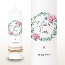 Load image into Gallery viewer, Hochzeitskerze "Estrid" Hortensien Eukalyptus rosa - personalisiert