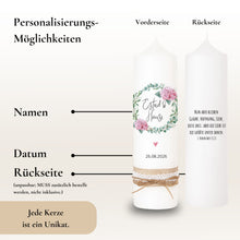 Load image into Gallery viewer, Hochzeitskerze Hortensien Eukalyptus rosa – Ansicht 4