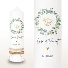 Load image into Gallery viewer, Hochzeitskerze "Lara" Eukalyptuskranz Ringe - personalisiert
