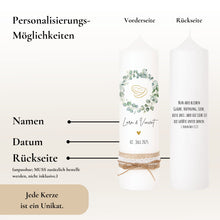 Load image into Gallery viewer, Hochzeitskerze "Lara" Eukalyptuskranz Ringe - personalisiert