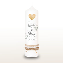 Load image into Gallery viewer, Hochzeitskerze "Laura" Herz gold Blätterzweige - personalisiert