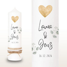 Charger l'image dans la galerie, Hochzeitskerze "Laura" Herz gold Blätterzweige - personalisiert