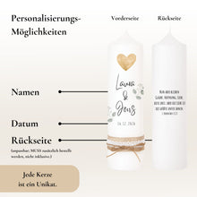 Load image into Gallery viewer, Hochzeitskerze "Laura" Herz gold Blätterzweige - personalisiert