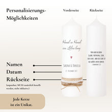 Load image into Gallery viewer, Hochzeitskerze "Romy" *Hand in Hand ein Leben lang" Spruch* - personalisiert