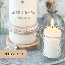 Load image into Gallery viewer, Hochzeitskerze "Romy" *Hand in Hand ein Leben lang" Spruch* - personalisiert