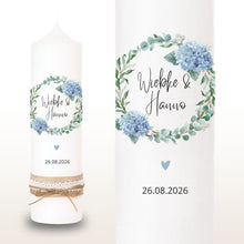 Lade das Bild in den Galerie-Viewer, Hochzeitskerze "Wiebke" Hortensien Eukalyptus rosa - personalisiert