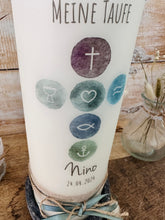 Load image into Gallery viewer, Taufkerze "Nino" watercolor Kreise Kreuz - personalisiert