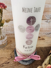 Lade das Bild in den Galerie-Viewer, Taufkerze "Katrin" watercolor Kreise Kreuz - personalisiert