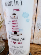 Load image into Gallery viewer, Taufkerze “Vanessa“ Leuchtturm - personalisiert