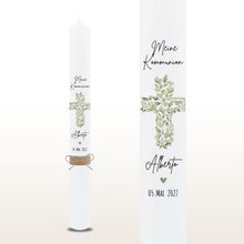 Charger l'image dans la galerie, Kommunionkerze Blätterkreuz grün, personalisiert