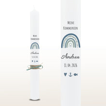 Lade das Bild in den Galerie-Viewer, Kommunionkerze "Andrea" Eukalyptus Regenbogen - personalisiert