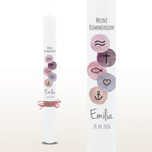 Lade das Bild in den Galerie-Viewer, Kommunionkerze "Emilia" christliche Symbole - personalisiert