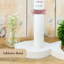 Load image into Gallery viewer, Kommunionkerze Lebensbaum Symbole rosa – Ansicht 4