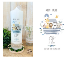 Load image into Gallery viewer, Taufkerze Arche Noah “Otto“ | Boot | Kreuz| Spruch “Die Liebe hört... “ - personalisiert