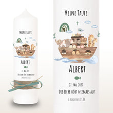 Load image into Gallery viewer, Taufkerze "Albert" Wal hell blau mit christlichen Symbolen - personalisiert