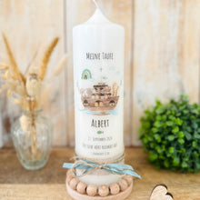 Load image into Gallery viewer, Taufkerze "Albert" Wal hell blau mit christlichen Symbolen - personalisiert