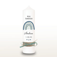 Lade das Bild in den Galerie-Viewer, Kommunionkerze "Andrea" Eukalyptus Regenbogen - personalisiert