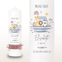 Charger l'image dans la galerie, Taufkerze "Elisabeth" Wal hell blau mit christlichen Symbolen - personalisiert