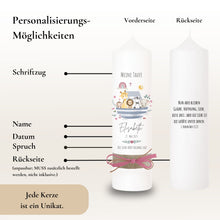 Charger l'image dans la galerie, Taufkerze "Elisabeth" Wal hell blau mit christlichen Symbolen - personalisiert