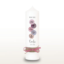 Load image into Gallery viewer, Taufkerze "Emilia" christliche Symbole - personalisiert