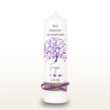 Load image into Gallery viewer, Kommunionkerze Lebensbaum Symbole rosa für Mädchen – personalisiert