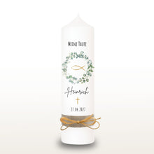 Load image into Gallery viewer, Taufkerze "Heinrich" Eukalyptuskranz - personalisiert